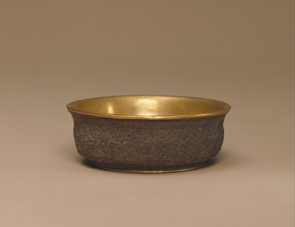 图片[1]-Coconut carved cloud bat inlaid with gold bowl-China Archive